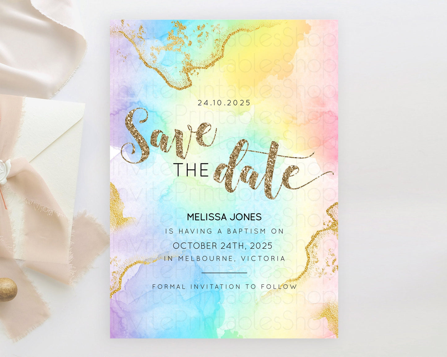 Pastel Save The Date Template Pastel Ombre Rainbow Watercolor Colorful Party For Birthday Baptism Baby Shower Wedding Bridal Shower D10589