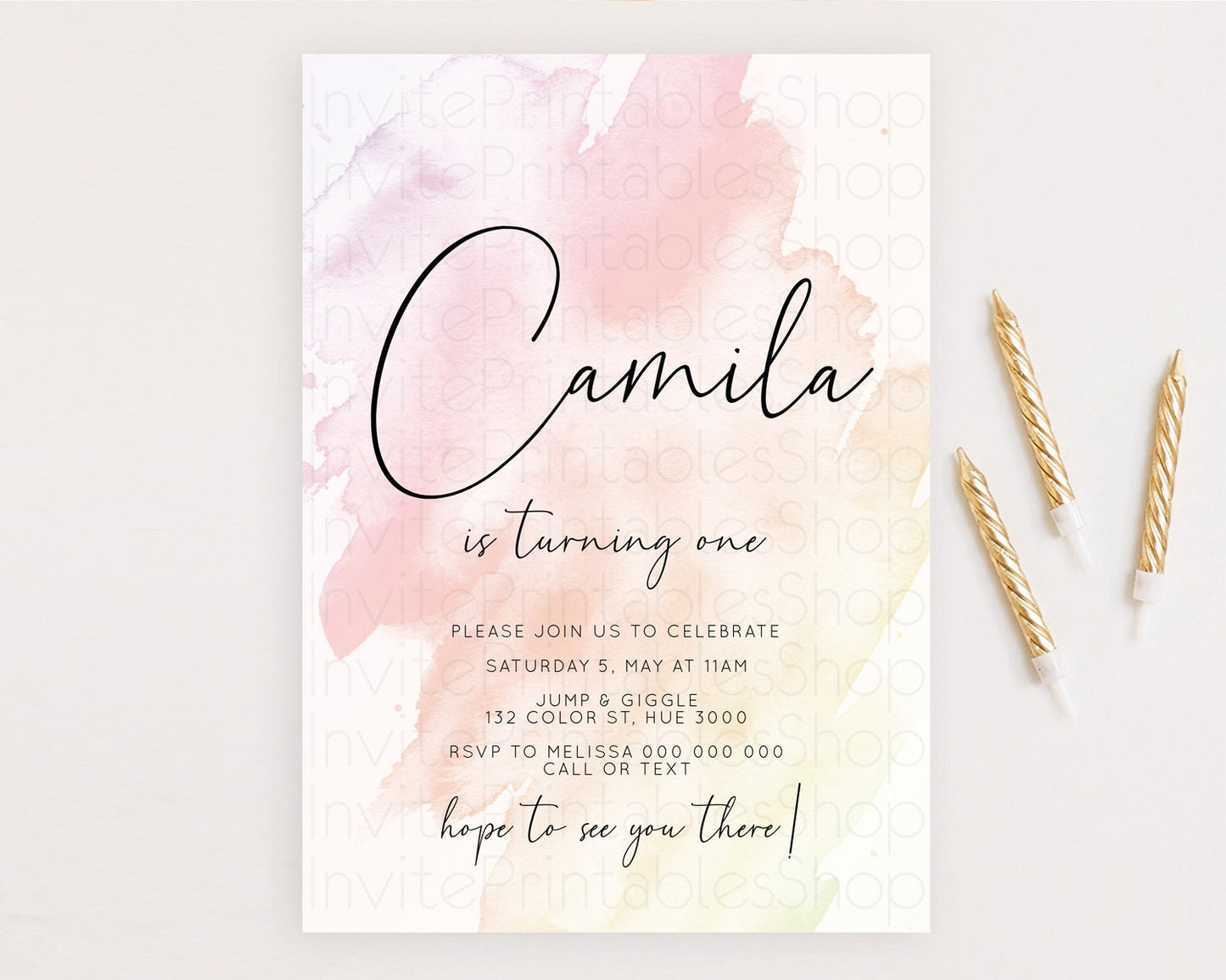 Pink Birthday Invitation pink Watercolor Invitation Pastel pink Watercolor Invitation pink Splash Gold Invitation 1st First Birthday D10164