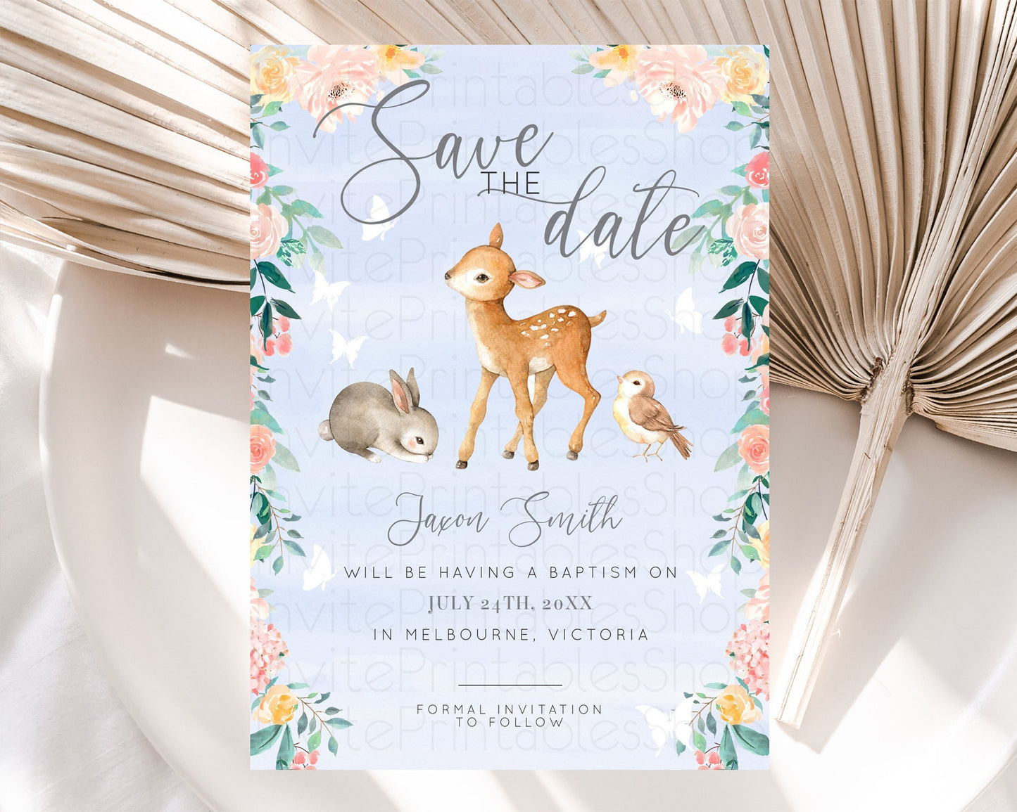 Fawn Deer Save The Date Template Pastel Floral Deer Enchanted Forest Butterfly Party 1st Birthday Baptism Baby Shower Bridal Shower D10920