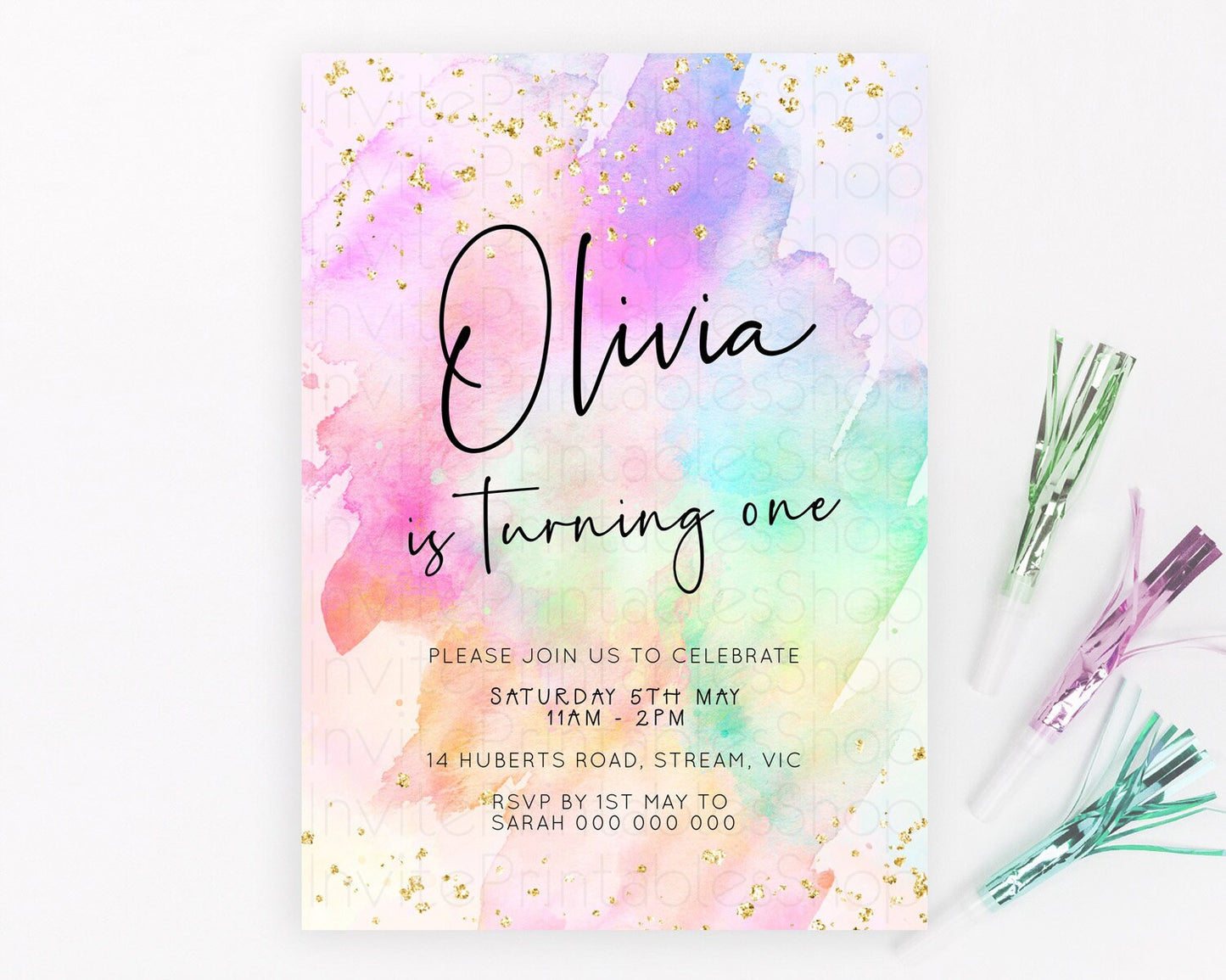 Pastel Birthday Invitation Ombre Watercolor Birthday Invitation Glitter Rainbow Color Splash 1st 2nd 3rd Birthday Invitation D23059
