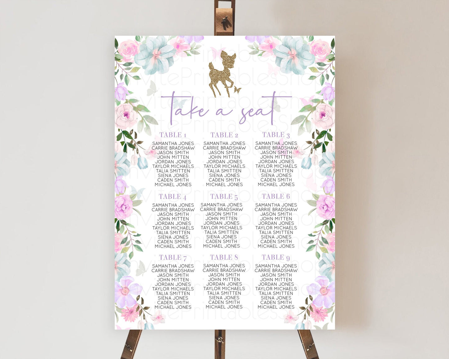 Fawn Seating Chart Deer Seating Chart Enchanted Forest Party Butterfly Pastel Flowers Whimsical Seating Chart Woodland Seating Sign D10476