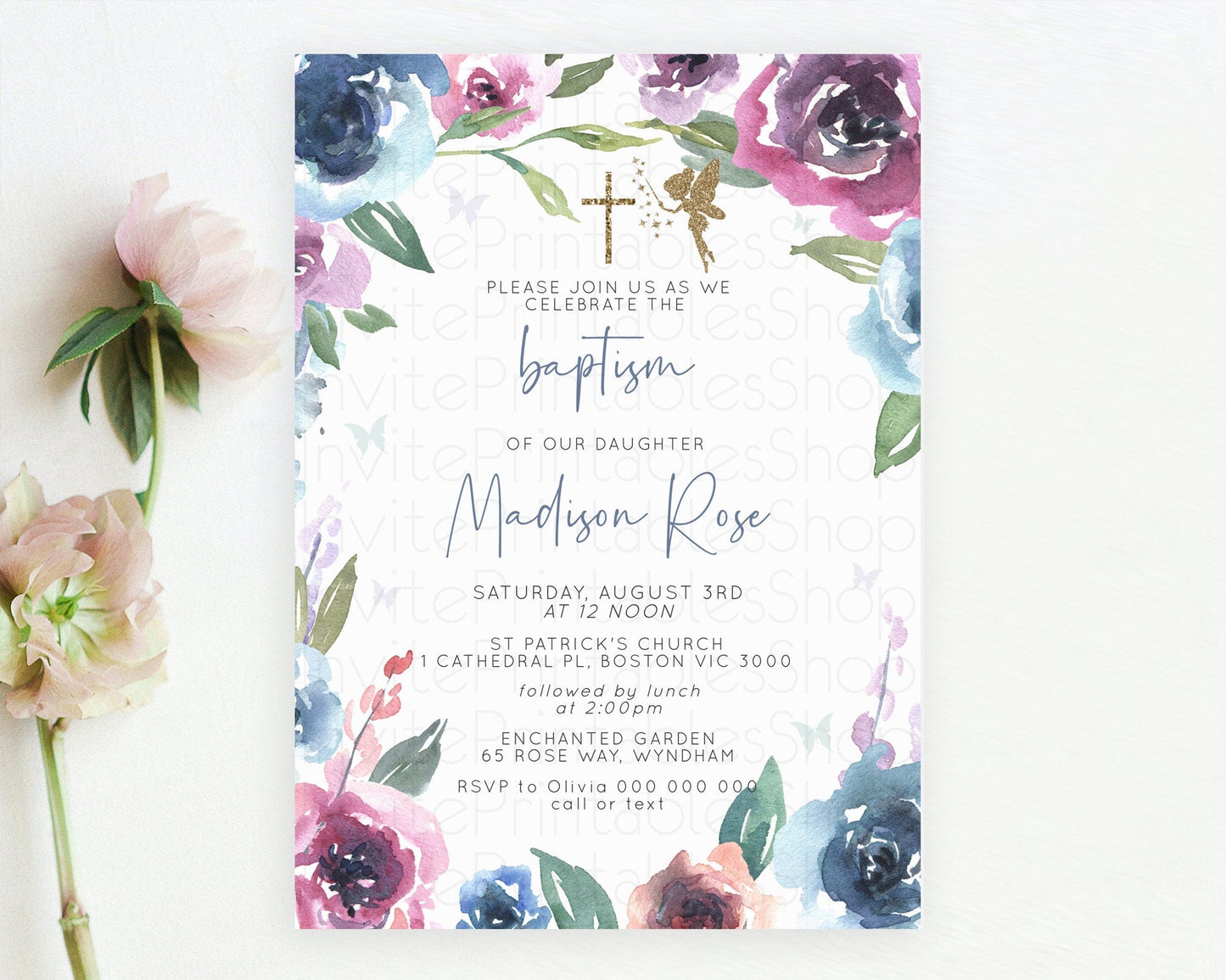 Fairy Baptism Invitation Fairy Baptism 1st Birthday Invitation Enchanted Secret Garden Christening Invite Pastel Floral Butterfly D10188