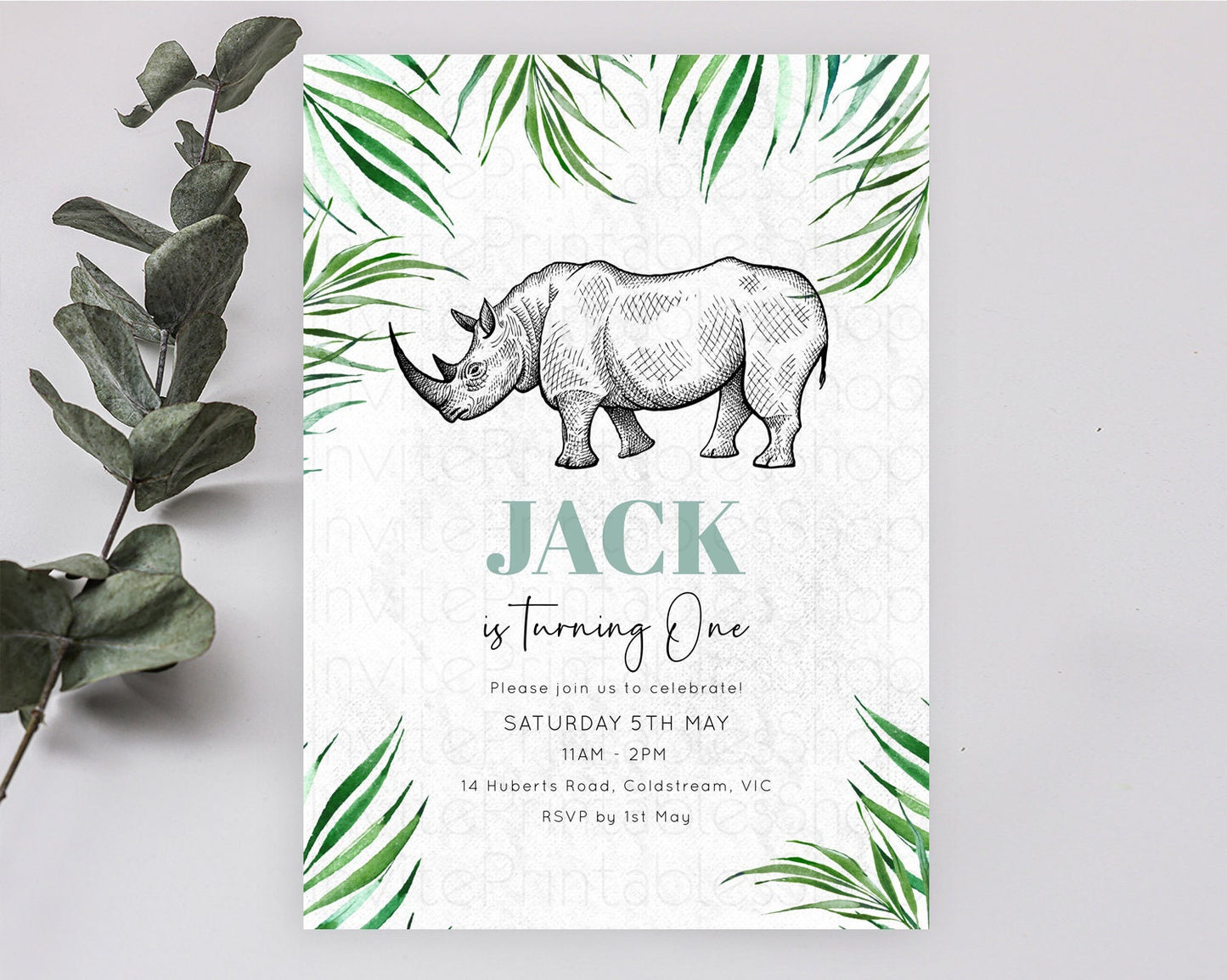 Rhino Birthday Invitation Rhino Invitation Rhino Birthday Rhino Safari Adventure Invite Rhino Palm Leaf Invite Zoo Party D10848