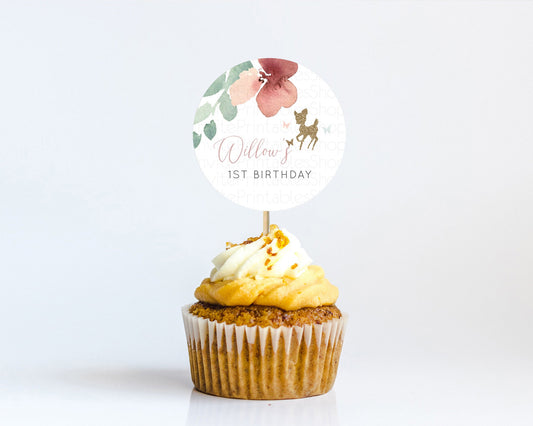 Fawn Cupcake Toppers Deer Cupcake Toppers Enchanted Forest Party Butterfly Pastel Flowers Woofland Cupcake Toppers First Birthday D10459