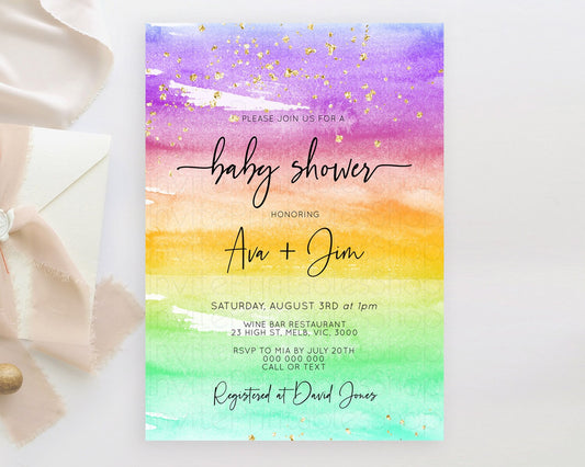 Pastel Baby Shower Invitation Rainbow Baby Shower Invitation Colorful Pastel Watercolor Invitation Gold Glitter Sprinkles Ombre D10524