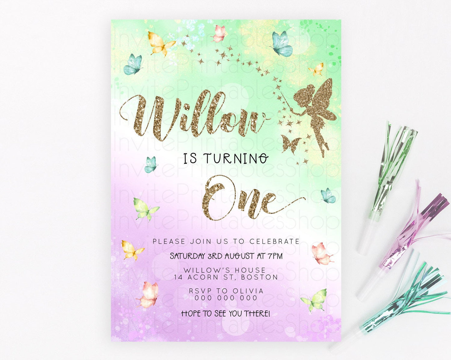 Pastel Fairy Birthday Invitation Pastel Butterflies Fairy Birthday Invitation Rainbow Ombre Watercolor 1st 2nd Birthday Invitation D23157