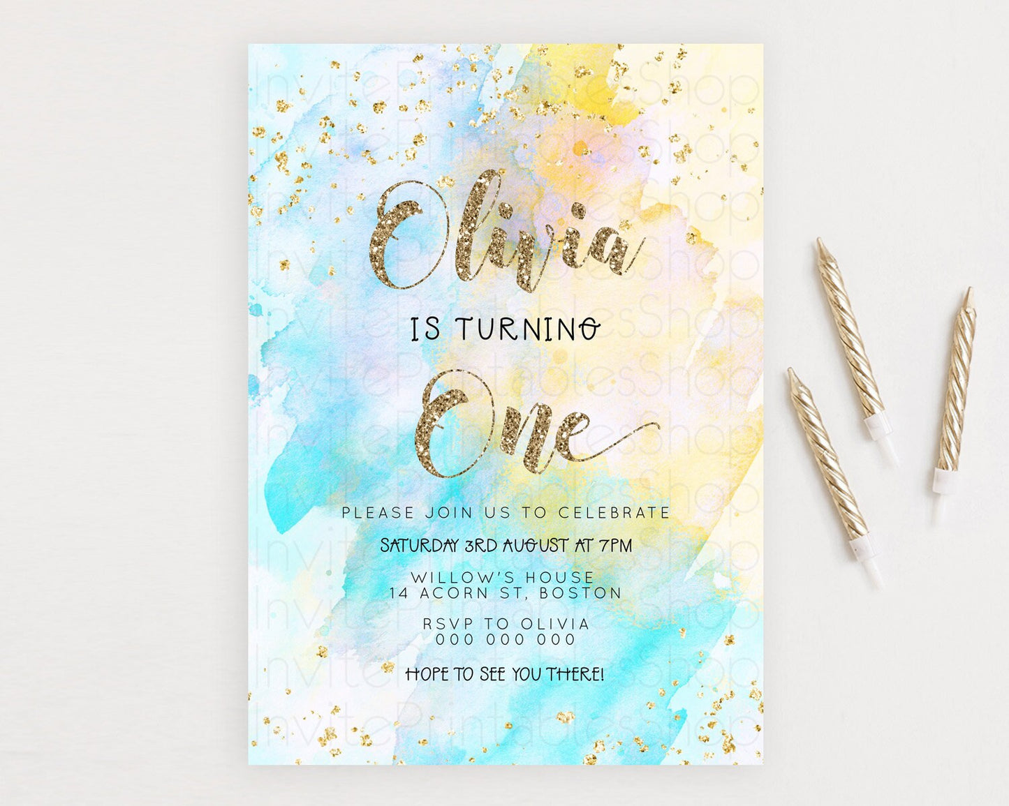 Rainbow Birthday Invitation Colorful Pastel Watercolor Invitation Gold Glitter Sprinkles Ombre Pastel 1st 2nd 3rd Birthday D23301