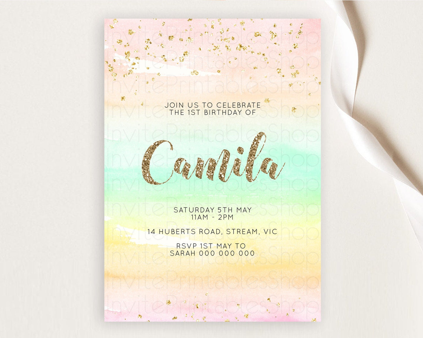Rainbow Birthday Invitation Colorful Pastel Watercolor Invitation Gold Glitter Sprinkles Ombre Pastel 1st 2nd 3rd Birthday D10592