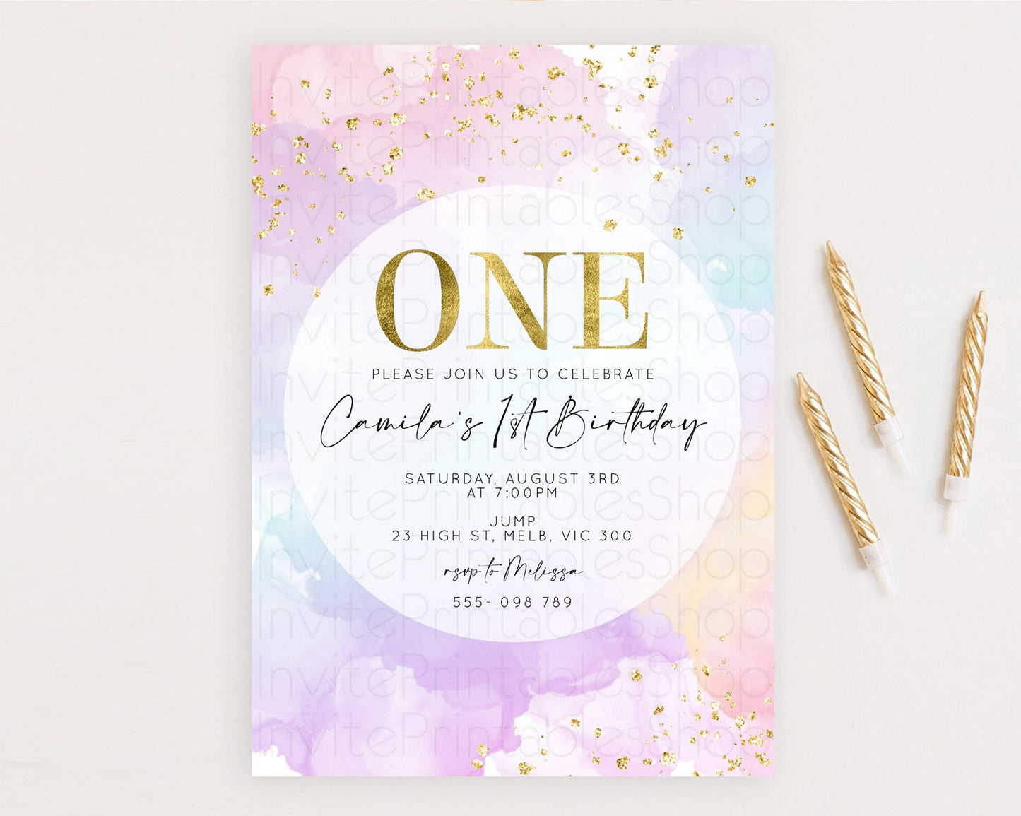 Rainbow Birthday Invitation Colorful Pastel Watercolor Invitation Gold Glitter Sprinkles Ombre Pastel 1st 2nd 3rd Birthday D10623