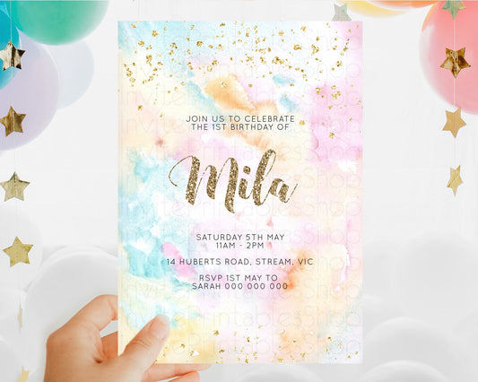 Rainbow Birthday Invitation Colorful Pastel Watercolor Invitation Gold Glitter Sprinkles Ombre Pastel 1st 2nd 3rd Birthday D10548