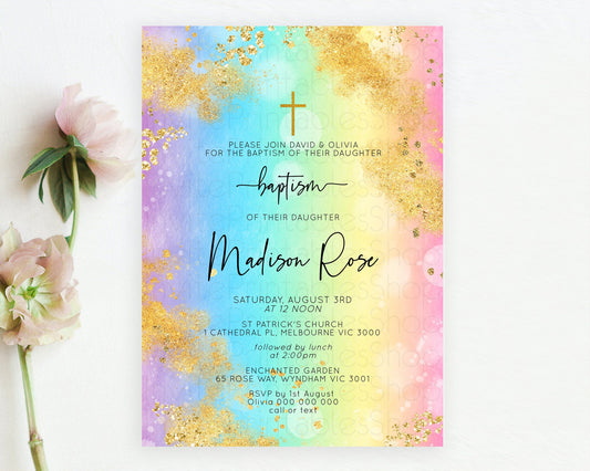 Pastel Baptism Invitation Pastel Colors Watercolor Baptism 1st Birthday Party Gold Ombre Pastel Rainbow Christening Holy Communion D10559