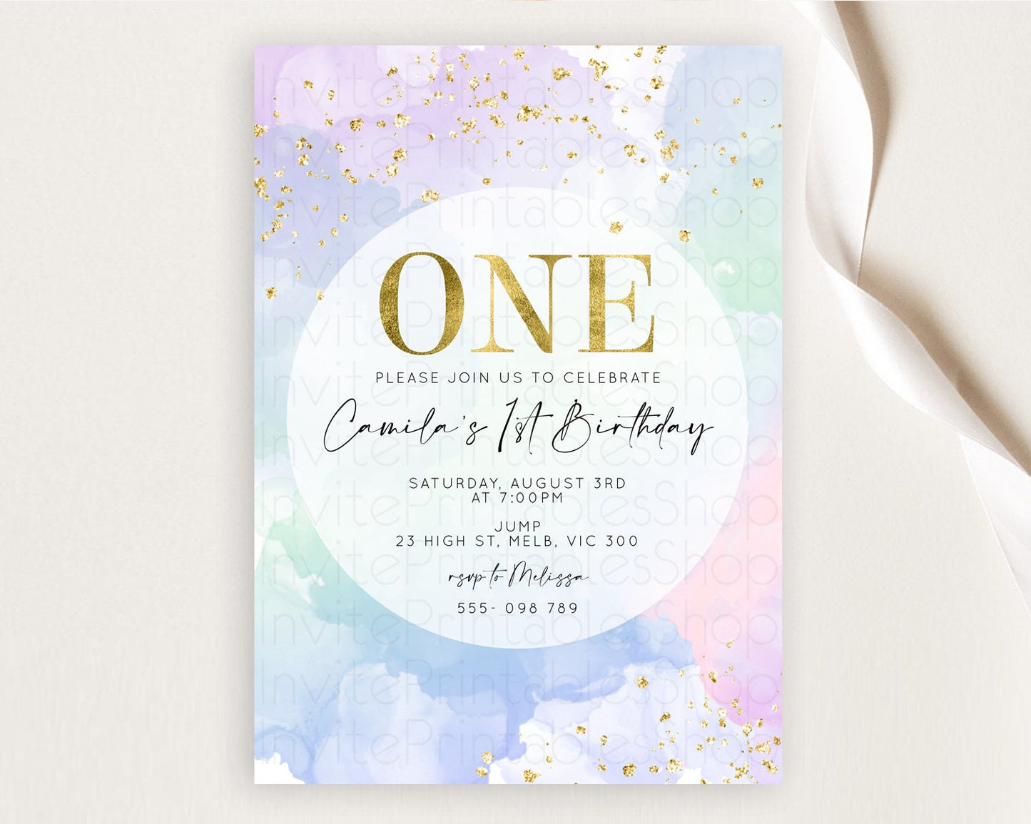 Rainbow Birthday Invitation Colorful Pastel Watercolor Invitation Gold Glitter Sprinkles Ombre Pastel 1st 2nd 3rd Birthday D10624