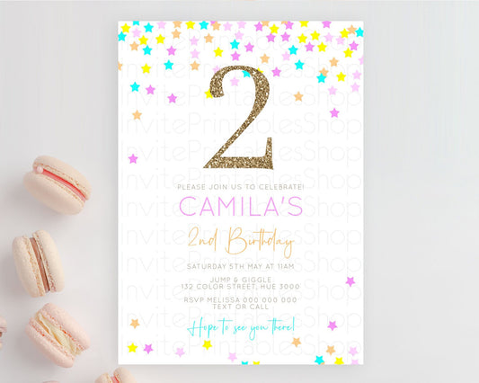 Star Birthday Invitation Pastel Stars Invite Shooting Star Party Rainbow Colorful Confetti Twinkle Little Star 2nd First Birthday D10397