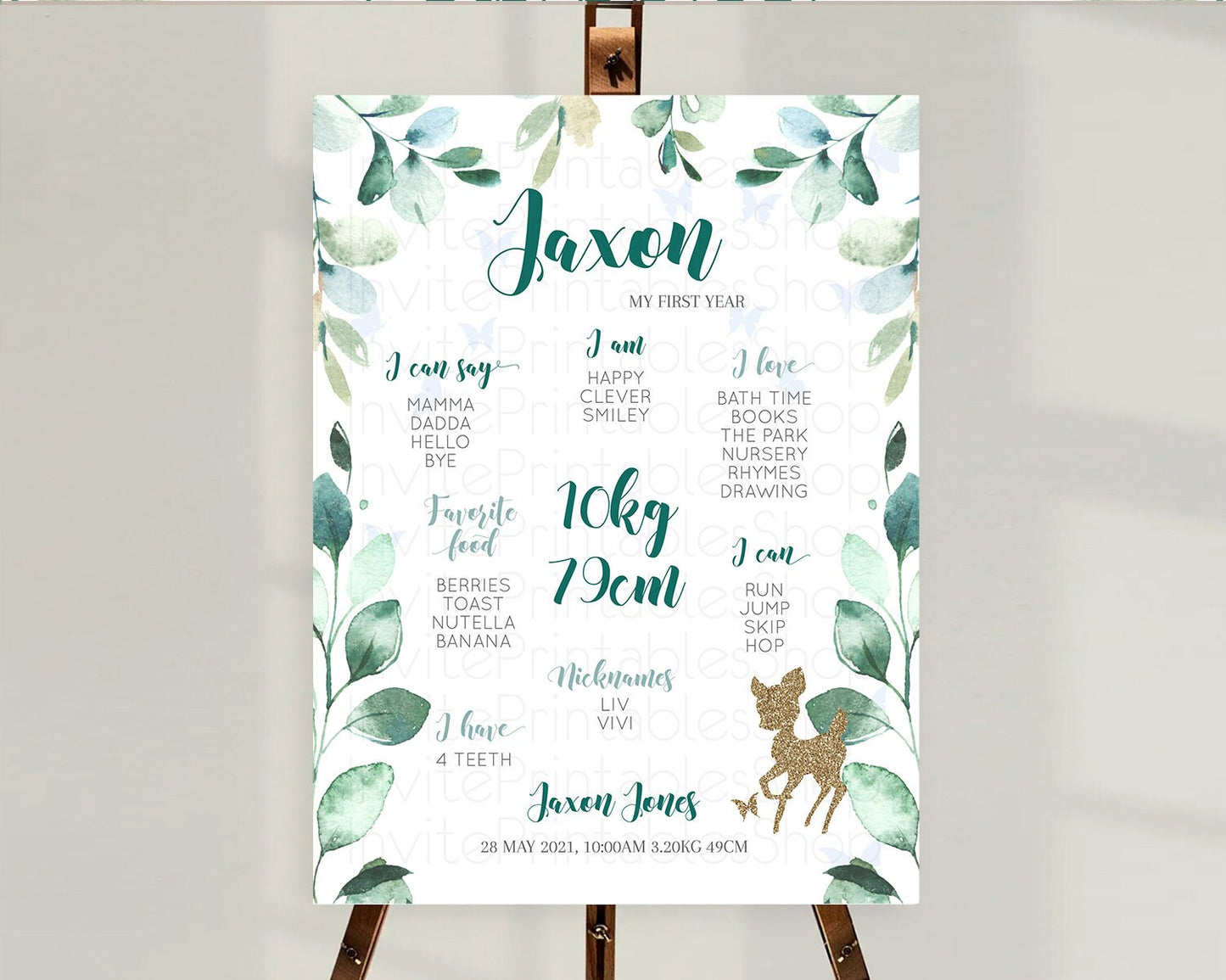 Fawn First Birthday Milestone Board Deer First Birthday Milestone Poster Enchanted Forest Butterfly Pastel Flowers 1st Birthday Sign D10882