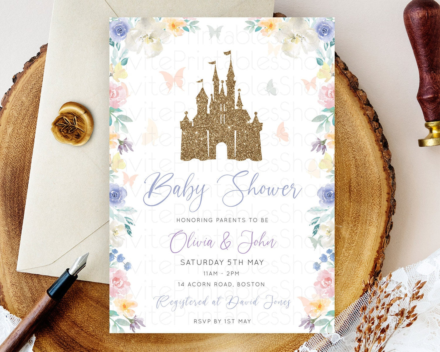 Editable Pastel Princess Baby Shower Invitation Floral Castle Invitation Roy
