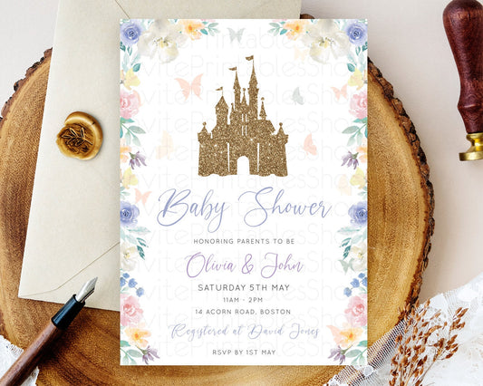 Editable Pastel Princess Baby Shower Invitation Floral Castle Invitation Roy