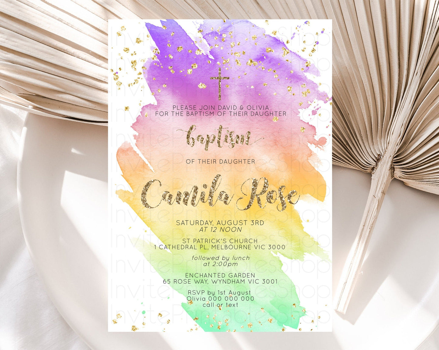 Pastel Baptism Invitation Pastel Colors Watercolor Baptism 1st Birthday Party Gold Ombre Pastel Rainbow Christening Holy Communion D10517
