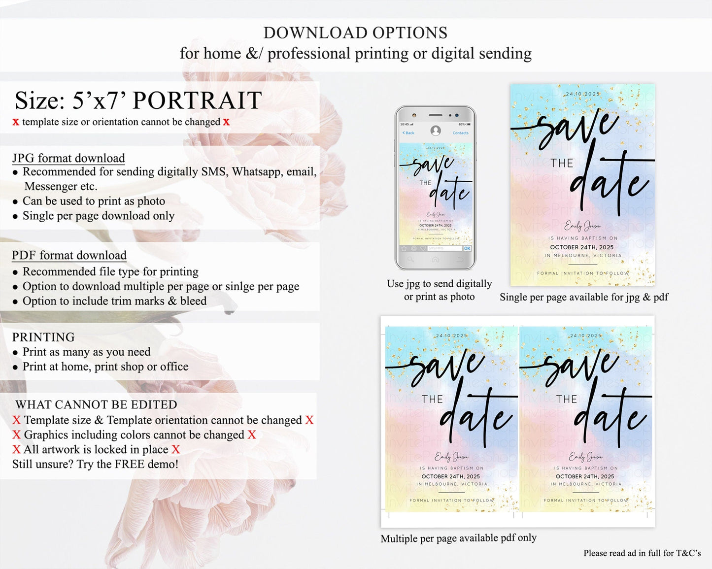 Pastel Save The Date Template Pastel Ombre Rainbow Watercolor Colorful Party For Birthday Baptism Baby Shower Wedding Bridal Shower D10368
