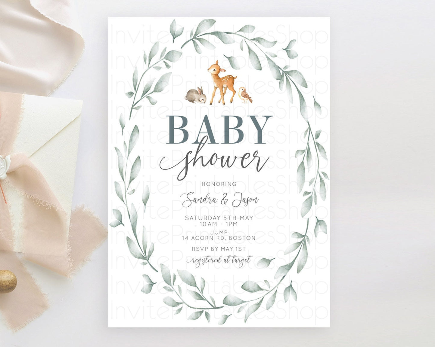 Fawn Baby Shower Invitation Deer Baby Shower Invites Enchanted Forest Theme Butterfly Pastel Flowers Whimsical Baby Shower D10872