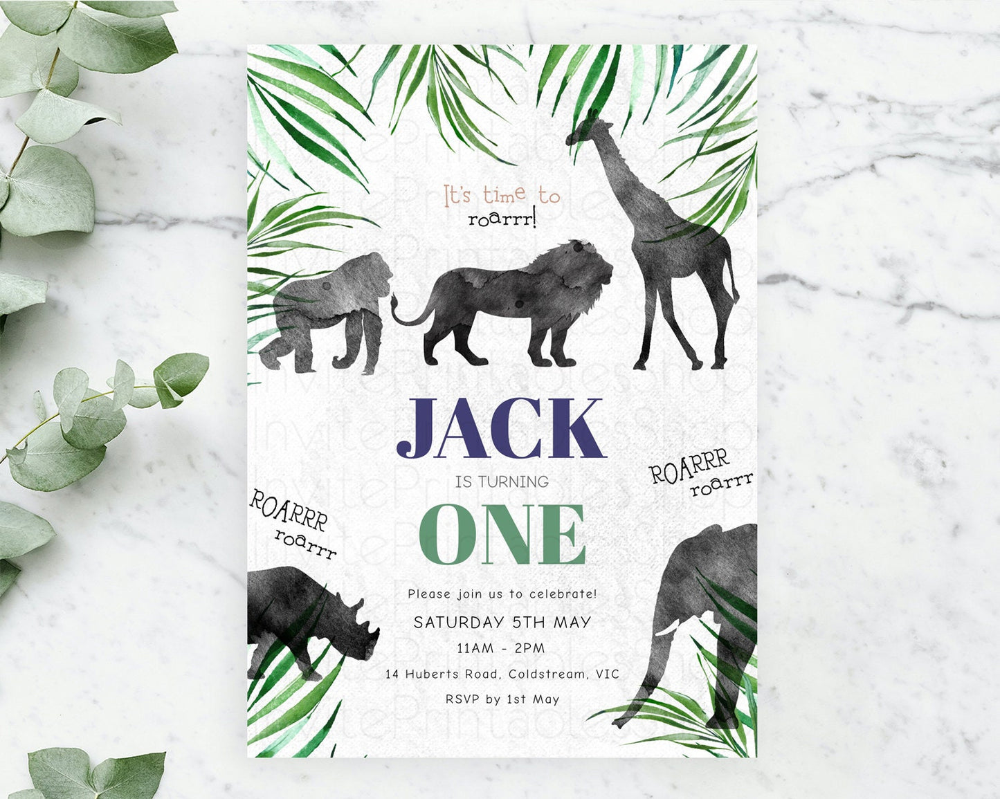 Safari Birthday Invitation Lion Gorilla Elephant Rhino Tropical Palm Jungle Safari Adventure Zoo Party Animal 2nd 1st First Birthday D10839