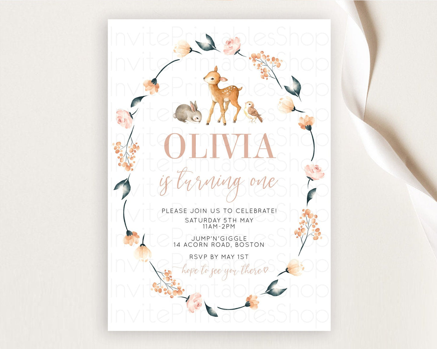 Fawn Birthday Invitation Deer Birthday Invitation Enchanted Forest Party Butterfly Pastel Flowers Whimsical 2nd 1st First Birthday D10241