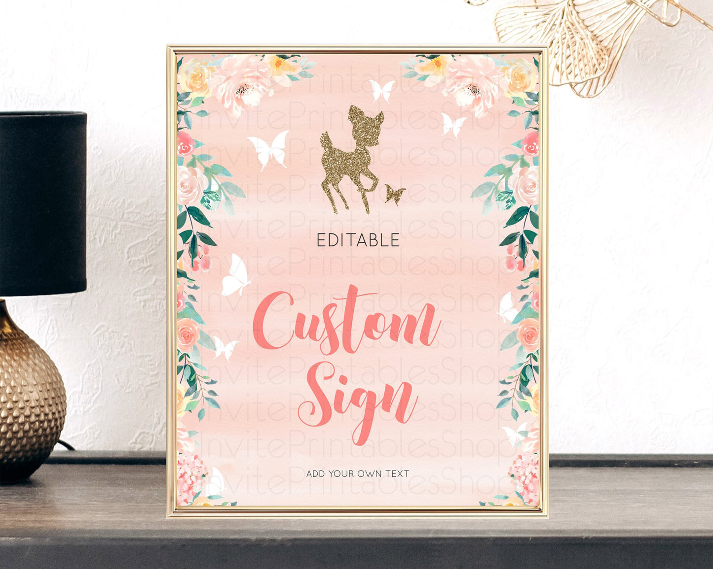 Fawn Deer Sign Pastel Floral Deer Table Sign Decor  Enchanted Forest Butterfly Party 1st Birthday Baptism Baby Shower Bridal Shower D10873