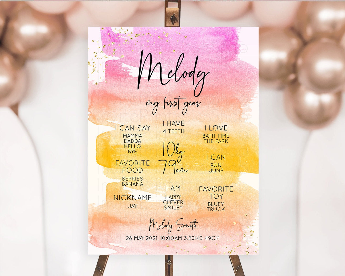 Pastel First Birthday Milestone Board Pastel Rainbow Milestone Poster Colorful Confetti Watercolor Glitter 1st Birthday Welcome Sign D10520