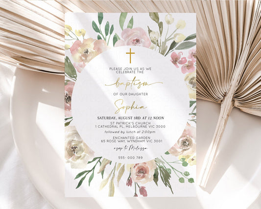 Editable Secret Garden Baptism Invitation Floral Garden Christening Invite E