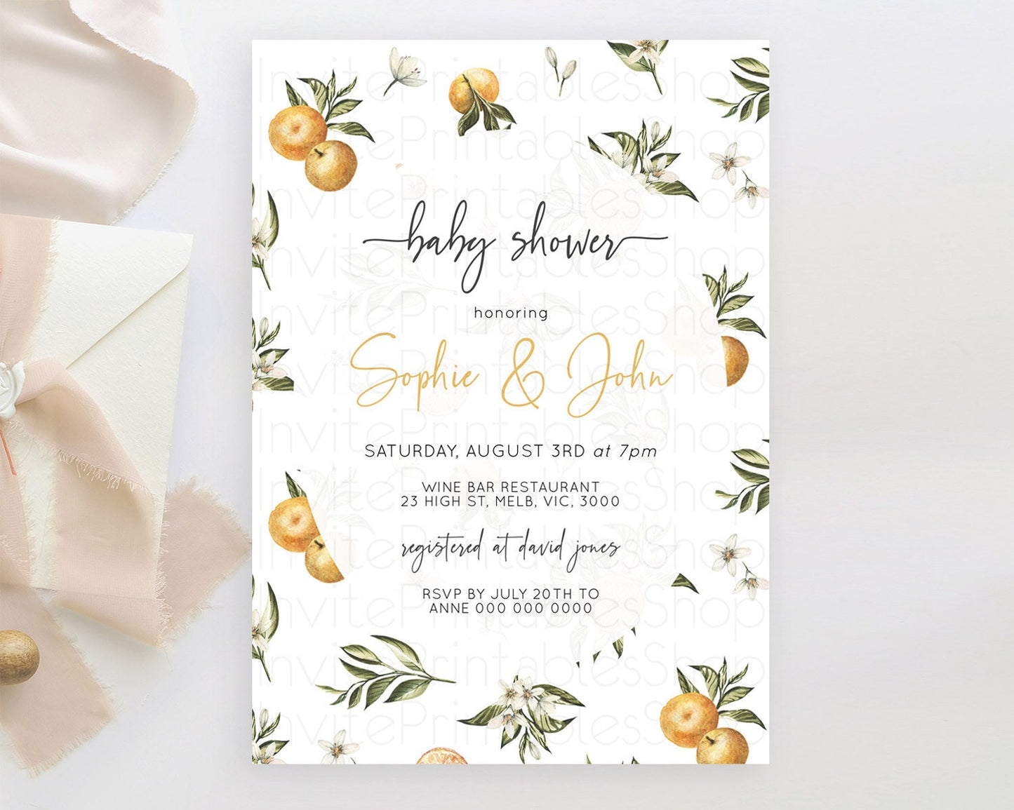 Citrus Baby Shower Invitation Orange Lemon Invitation Citrus Floral Garden Theme Citrus Floral Watercolor Invitation D10545