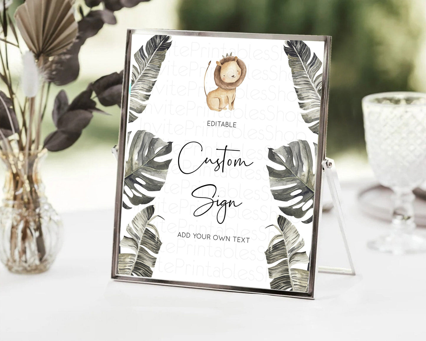 Lion Table Sign Decor Lion Safari Adventure Party Dried Palm Ferns Zoo 1st Birthday Baptism Baby Shower Bridal Shower Wedding D10599