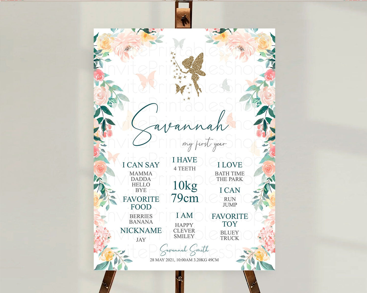 Fairy First Birthday Milestone Poster Fairy Secret Garden Milestone Board Enchanted Garden Pastel Floral Butterfly 1st Birthday Sign D10239