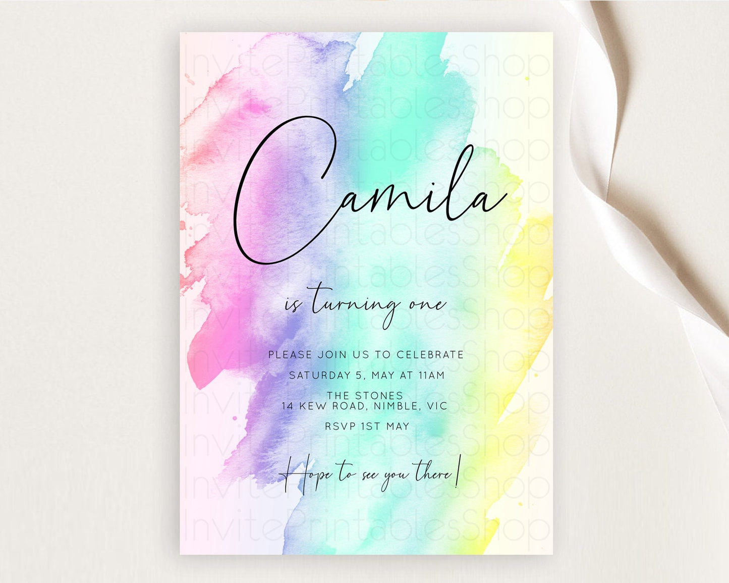 Rainbow Birthday Invitation Colorful Pastel Watercolor Invitation Gold Glitter Sprinkles Ombre Pastel 1st 2nd 3rd Birthday D10231