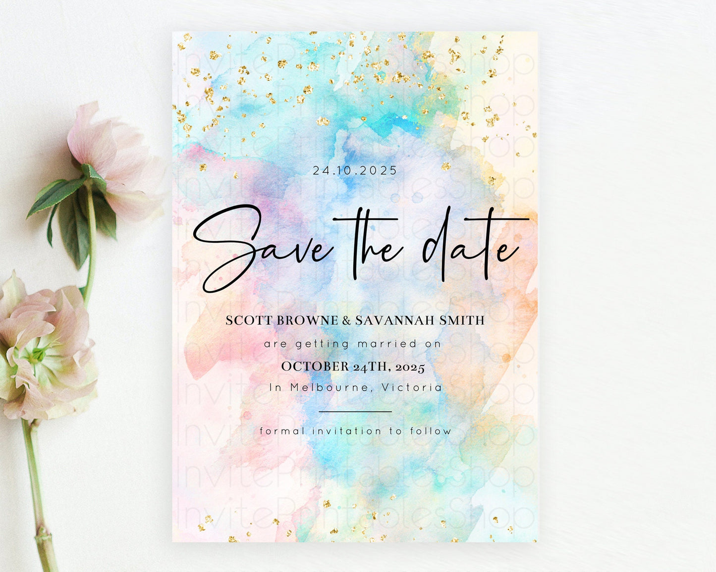 Pastel Save The Date Template Pastel Ombre Rainbow Watercolor Colorful Party For Birthday Baptism Baby Shower Wedding Bridal Shower D10266