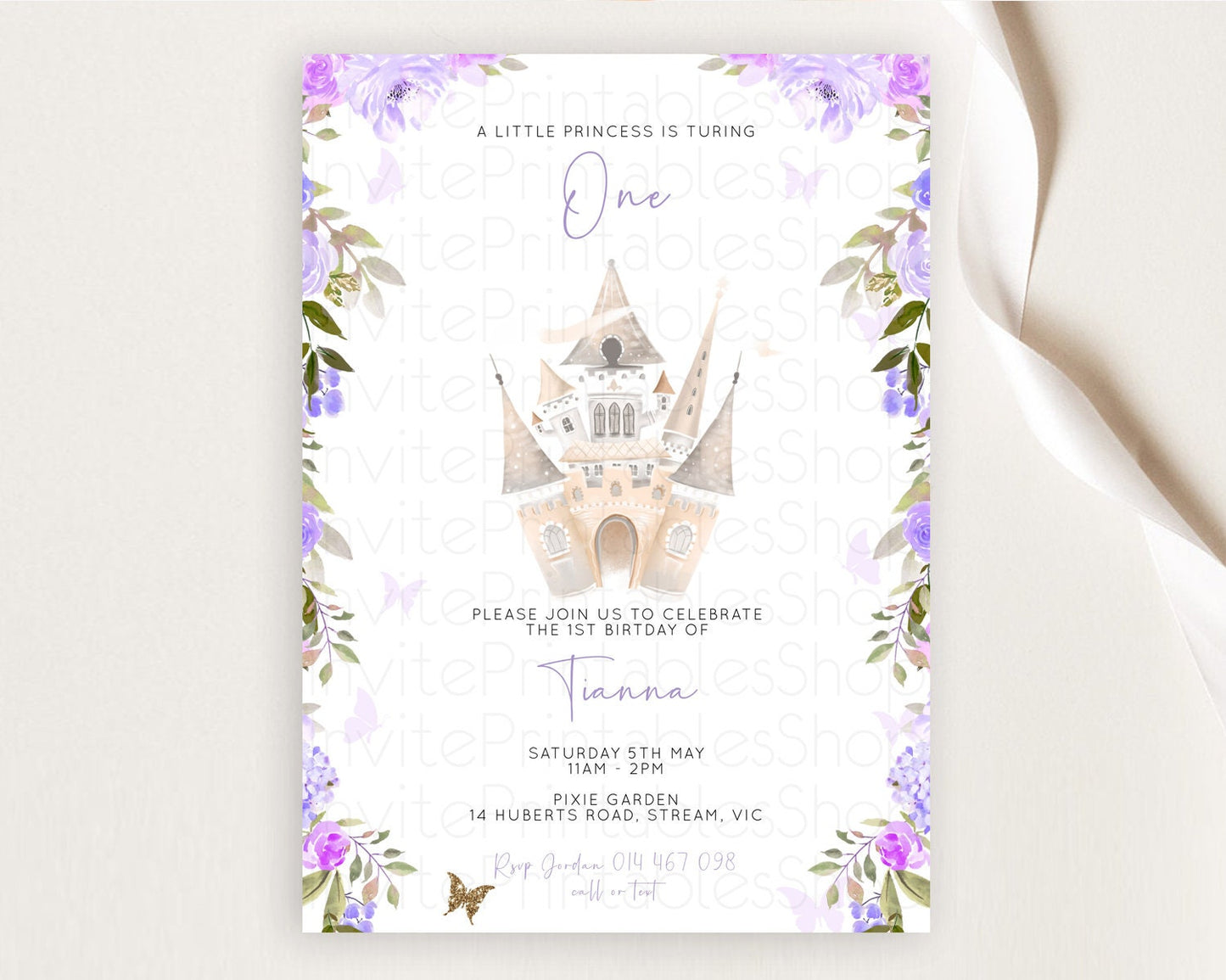 Princess Birthday Invitation Castle Invitation Royal Birthday Fairy Tale Enchanted Castle Pastel Floral Garden 1st First Birthday D10339