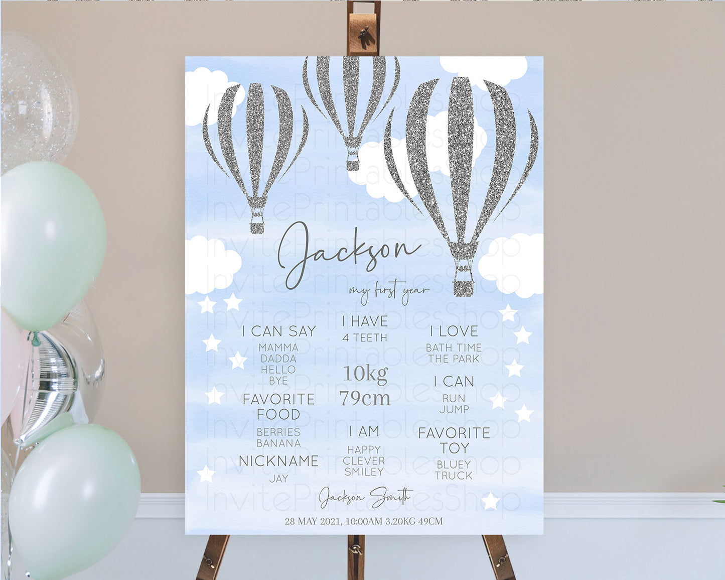 Hot Air Balloon First Birthday Milestone Poster Hot Air Balloon Milestone Board Adventure Awaits Blue Watercolor 1st Birthday Boy D10334