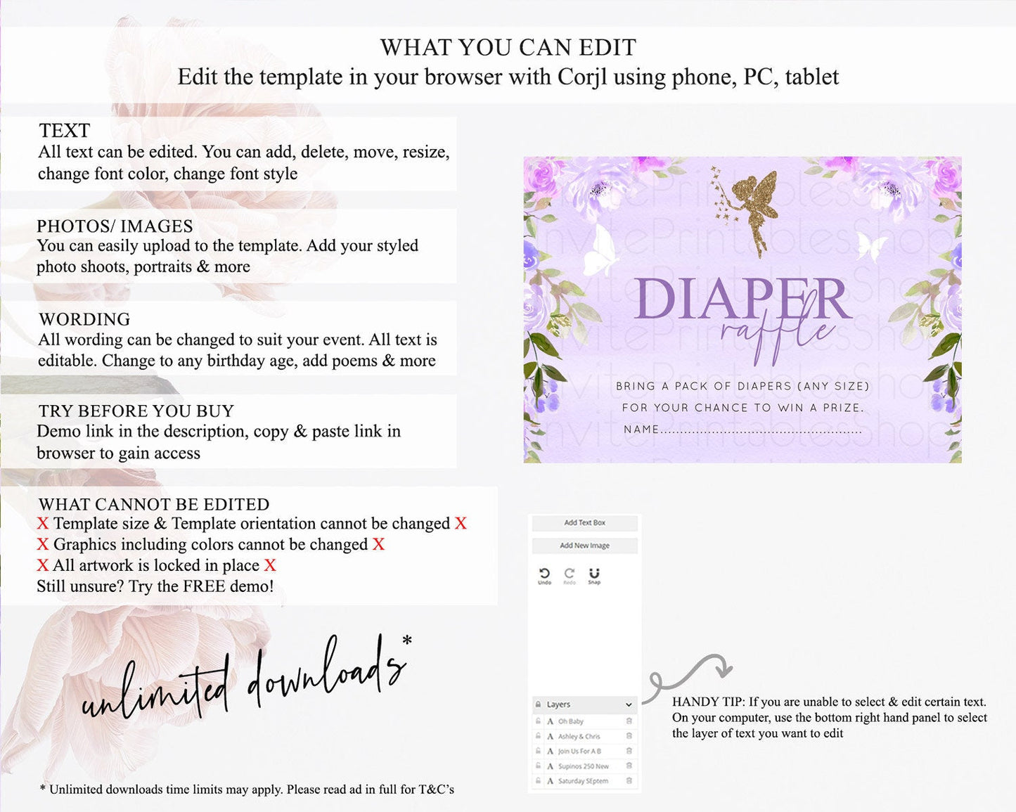 Fairy Diaper Raffle Card Fairy Diaper Insert Enchanted Garden Fairy Diaper Ticket Pastel Floral Butterfly Secret Garden Raffle Game D10910