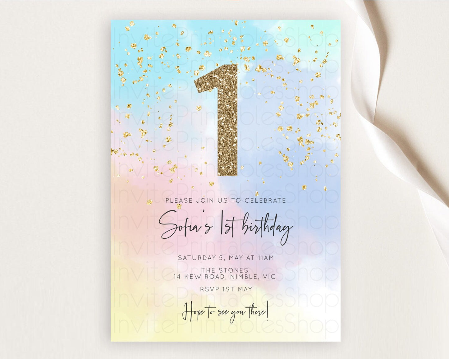 Rainbow Birthday Invitation Colorful Pastel Watercolor Invitation Gold Glitter Sprinkles Ombre Pastel 1st 2nd 3rd Birthday D10368