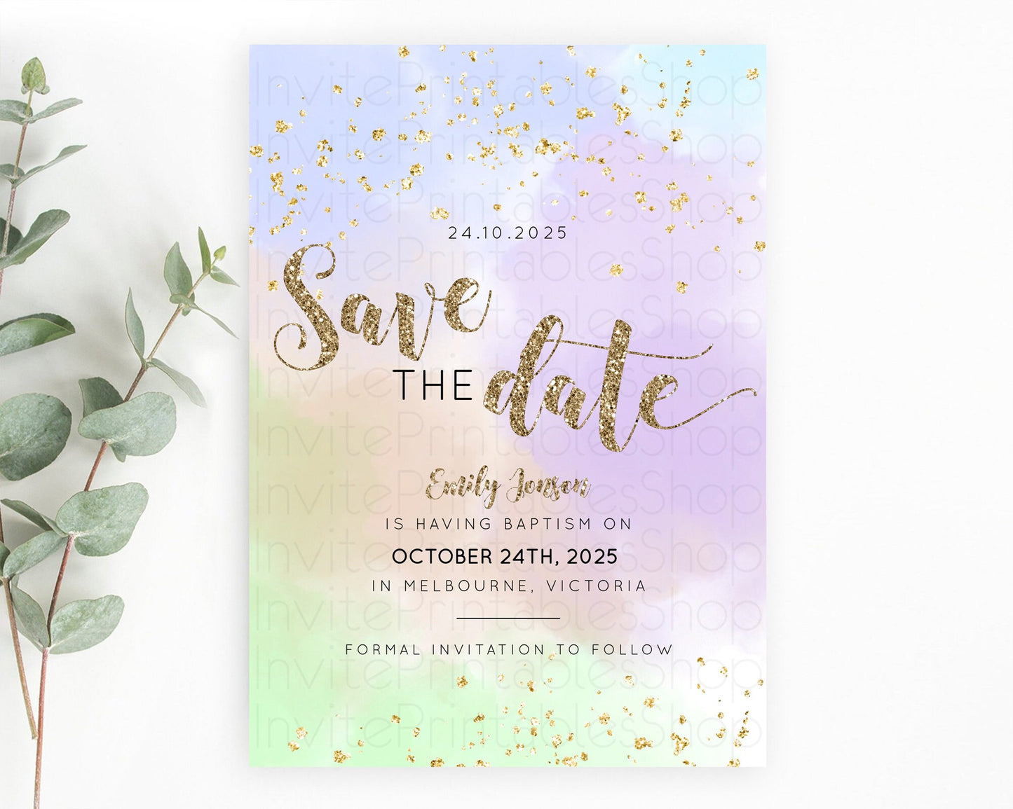 Pastel Save The Date Template Pastel Ombre Rainbow Watercolor Colorful Party For Birthday Baptism Baby Shower Wedding Bridal Shower D10372