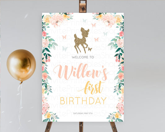 Fawn Welcome Sign Deer Welcome Board Floral Deer Welcome Poster Enchanted Forest Butterfly Pastel Floral First Birthday Welcome Sign D10874