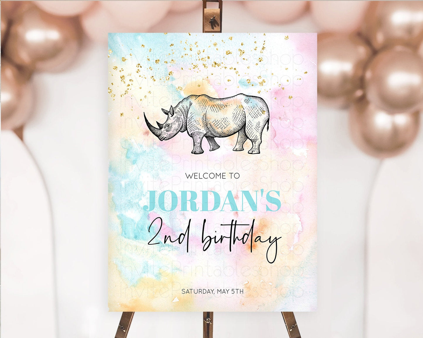 Pastel Rhino Welcome Sign Rainbow Rhino Welcome Board Colorful Rainbow Pastel Confetti Watercolor First Birthday Welcome Sign D10287