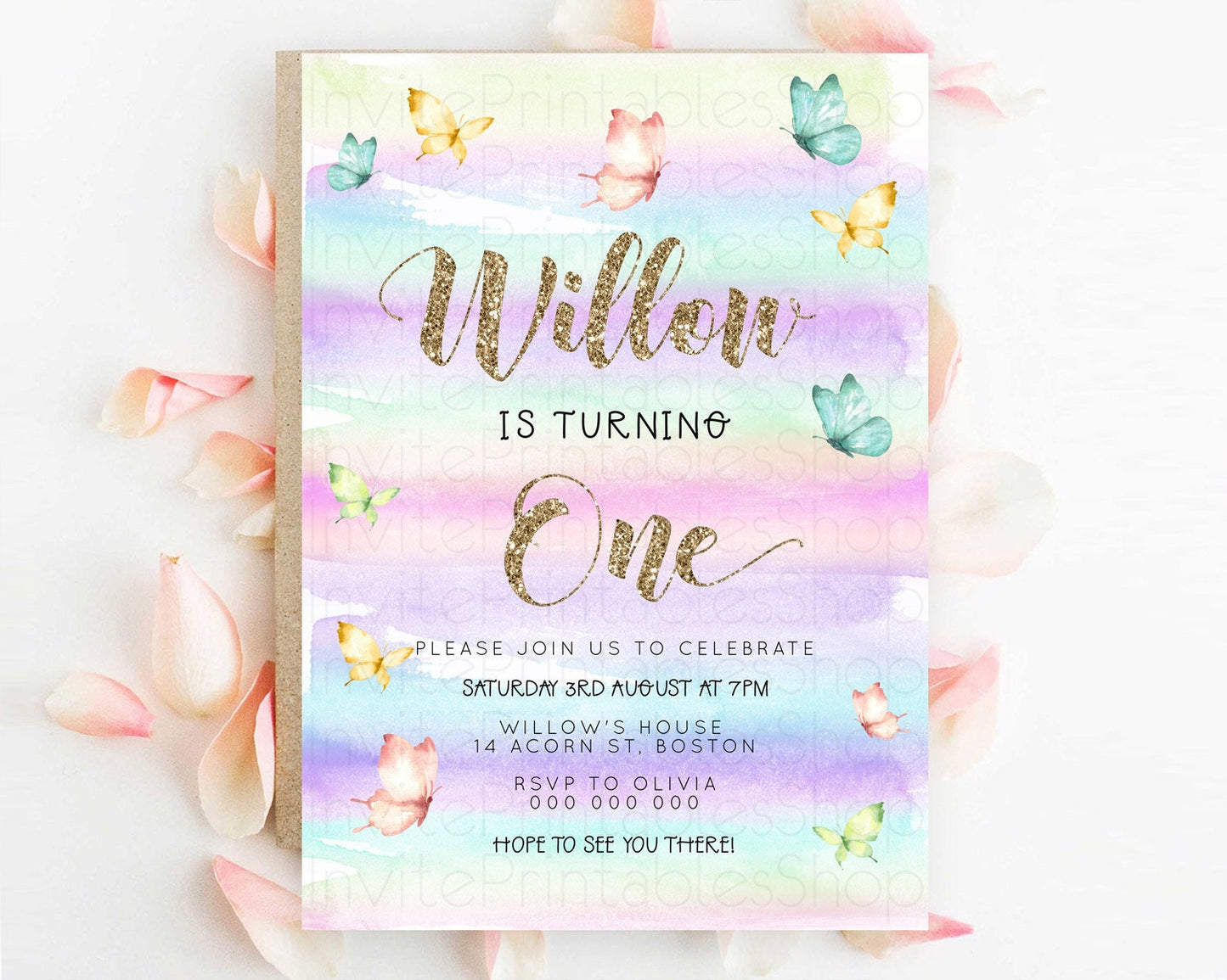 Pastel Butterfly Birthday Invitation Butterfly Birthday Invitation Colorful Splash Glitter Butterfly Garden 1st 2nd Birthday D23216