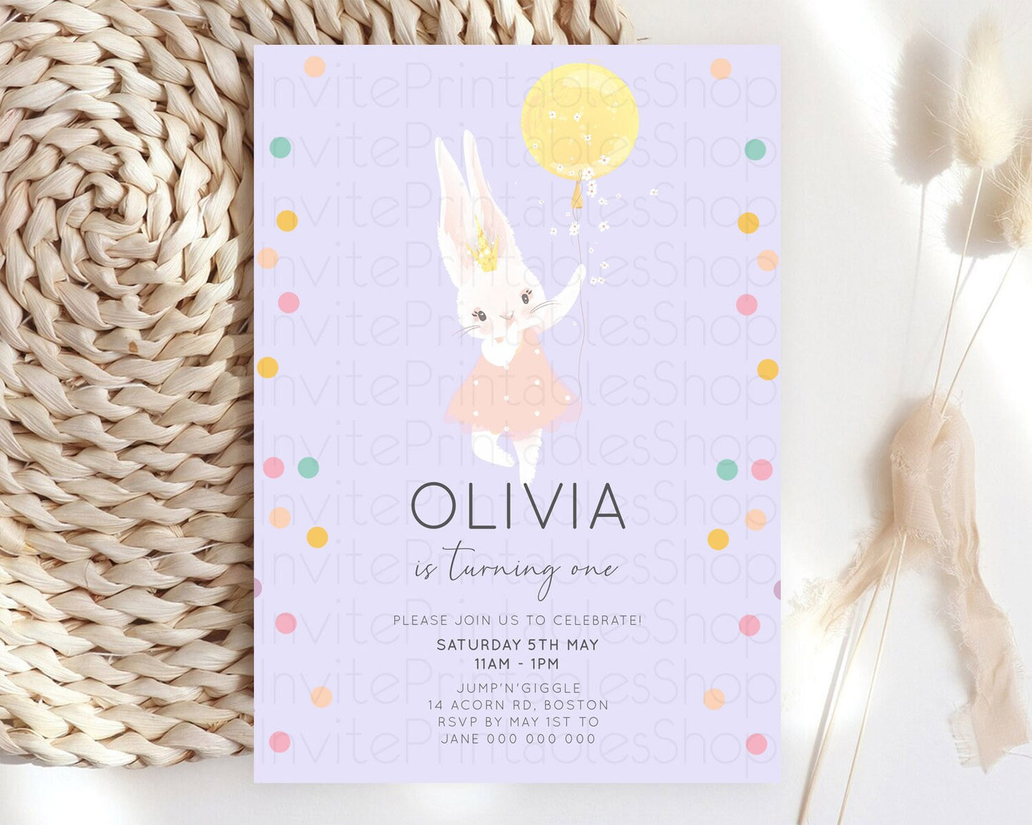 Bunny Birthday Invitation Pastel Bunny Invitation Bunny Balloon Invites Pastel Confetti Balloon Bunny Invites 2nd 1st First Birthday 199v2