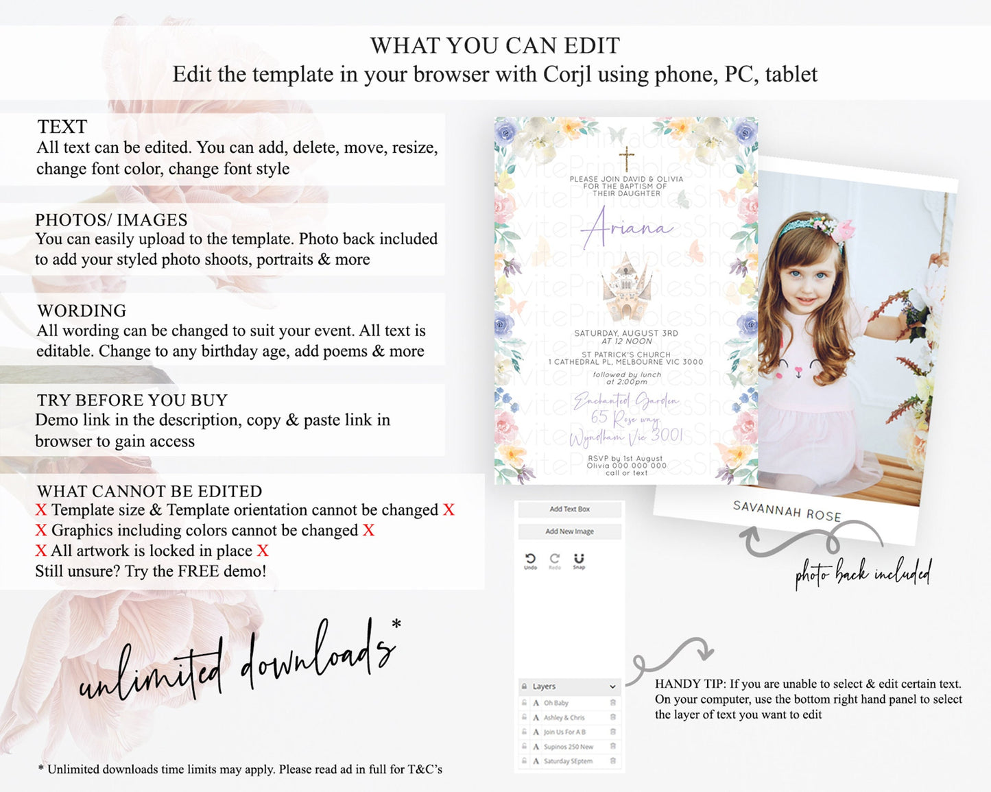 Princess Baptism Invitation Enchanted Castle Baptism 1st Birthday Invitation Royal Party Pastel Floral Secret Garden Christening D10709