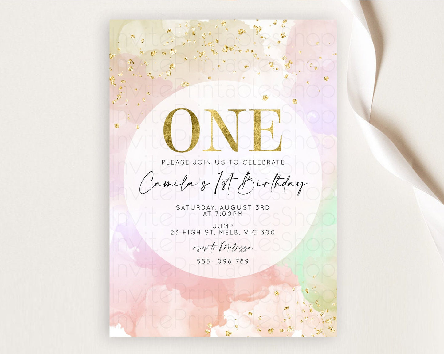 Rainbow Birthday Invitation Colorful Pastel Watercolor Invitation Gold Glitter Sprinkles Ombre Pastel 1st 2nd 3rd Birthday D10627