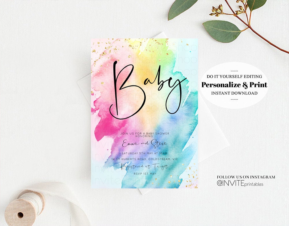 Rainbow Baby Shower Invitation Watercolor Pastel Invitation Colorful Splash Baby Invite Gold Glitter Sprinkles Ombre Gender Reveal