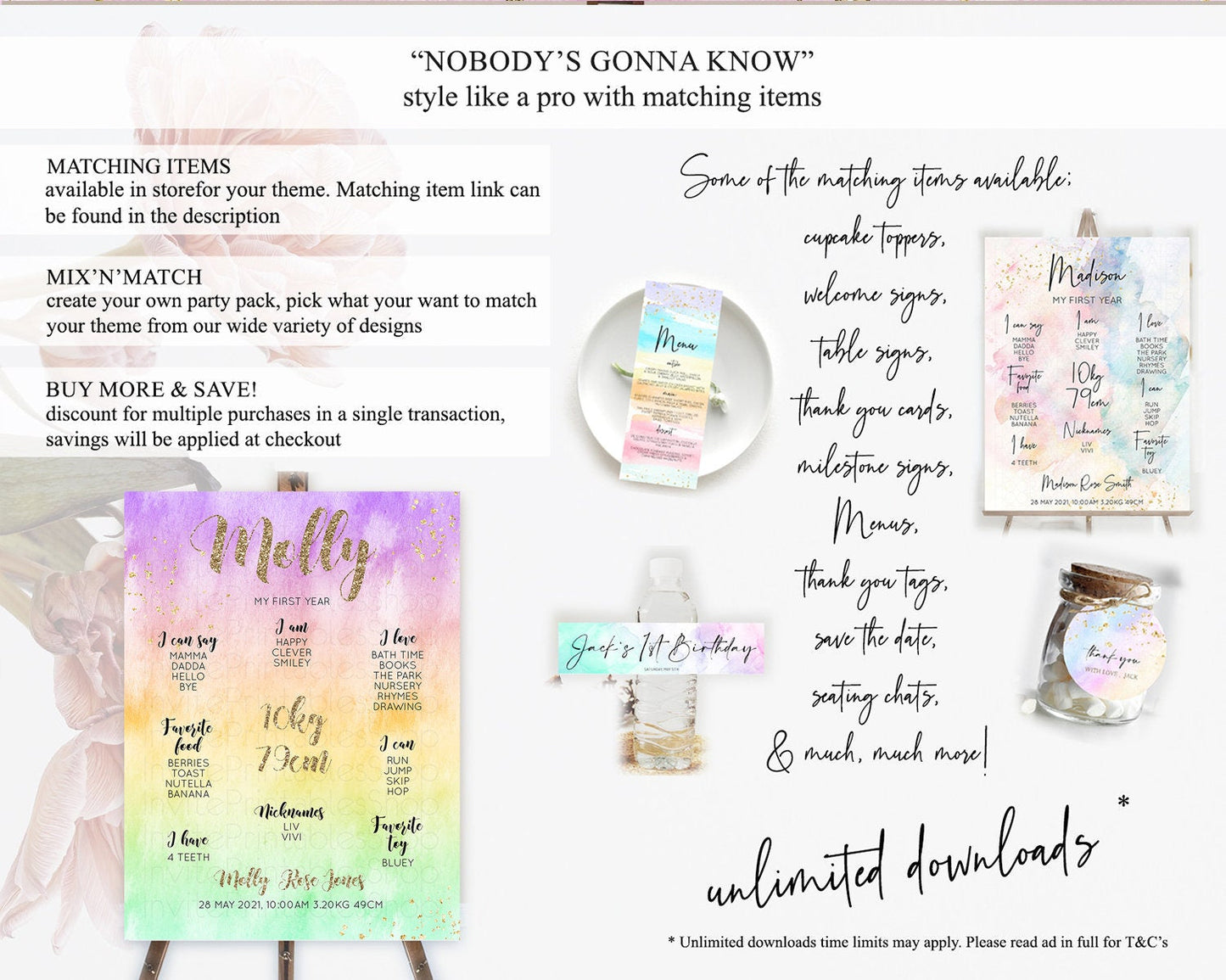 Pastel First Birthday Milestone Board Pastel Rainbow Milestone Poster Colorful Confetti Watercolor Glitter 1st Birthday Welcome Sign D10512