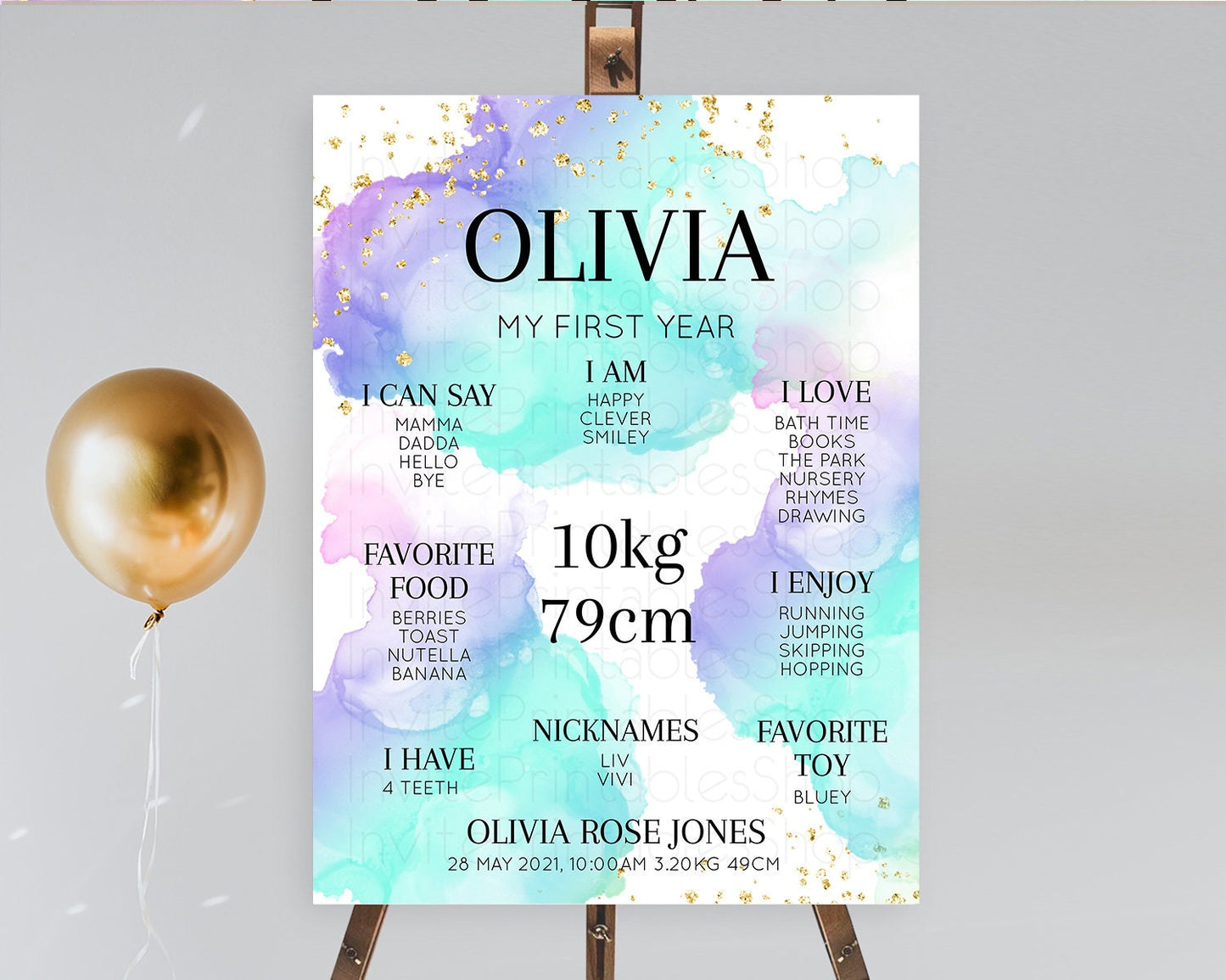 Pastel First Birthday Milestone Board Pastel Rainbow Milestone Poster Colorful Confetti Watercolor Glitter 1st Birthday Welcome Sign D10212