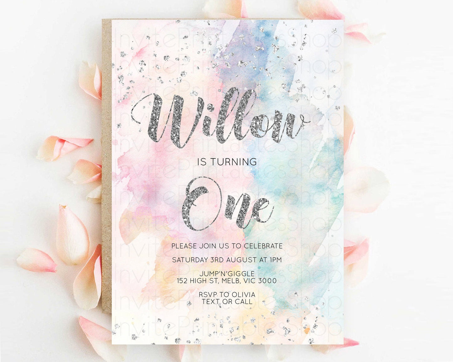 Rainbow Birthday Invitation Colorful Pastel Watercolor Silver Glitter Sprinkles Ombre Pastel Invitation 1st 2nd 3rd First Birthday D10944