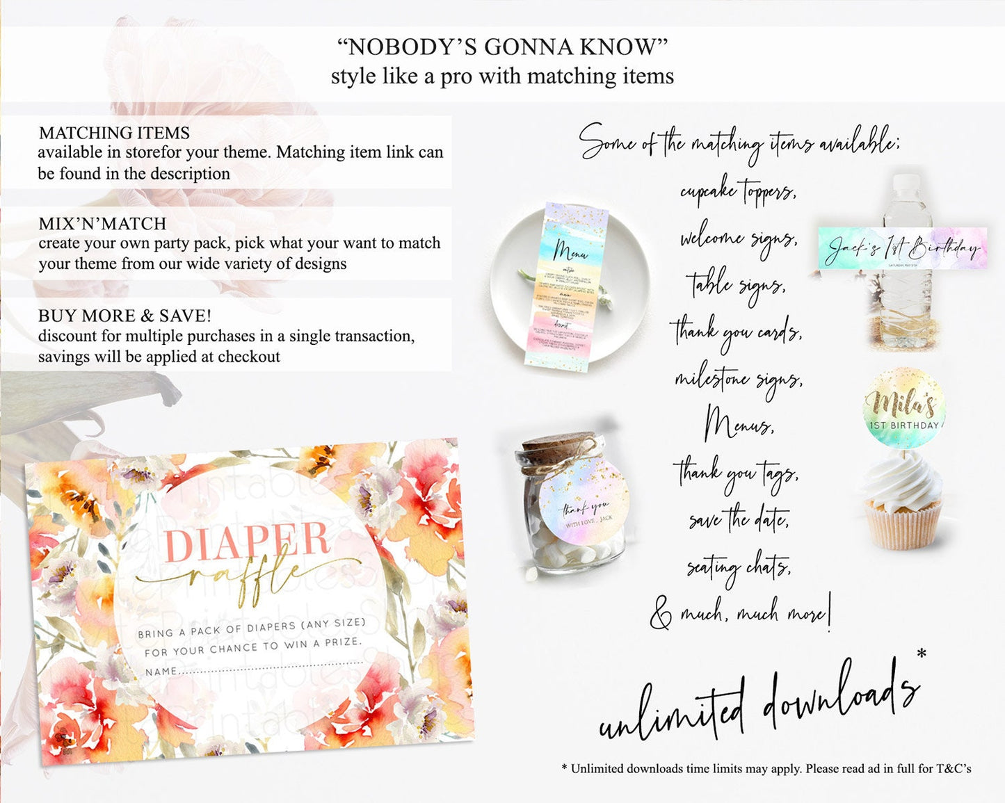 Secret Garden Diaper Raffle Card Boho Wildflower Diaper Raffle Insert Pastel Flower Garden Baby Shower Card Flower Raffle Game D10280