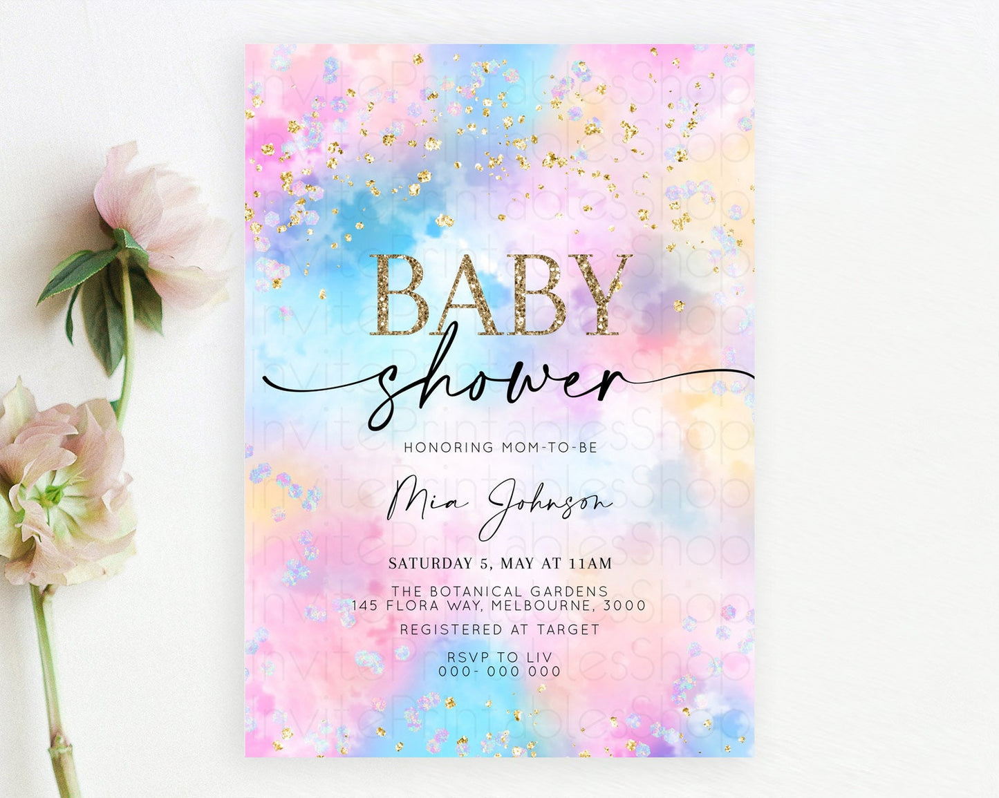 Pastel Baby Shower Invitation Rainbow Baby Shower Invitation Colorful Pastel Watercolor Invitation Gold Glitter Sprinkles Ombre D10607